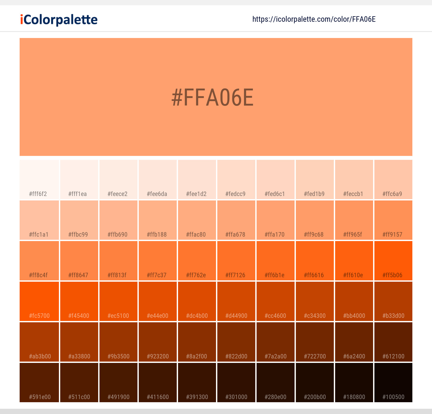 Explore a full range of light and dark shades for Pantone 7410 U Color | Hex color Code #ffa06e. Perfect for finding the exact tint or tone for your artwork or UI design. #colorshades #colorinspiration #webdesign #ffa06e