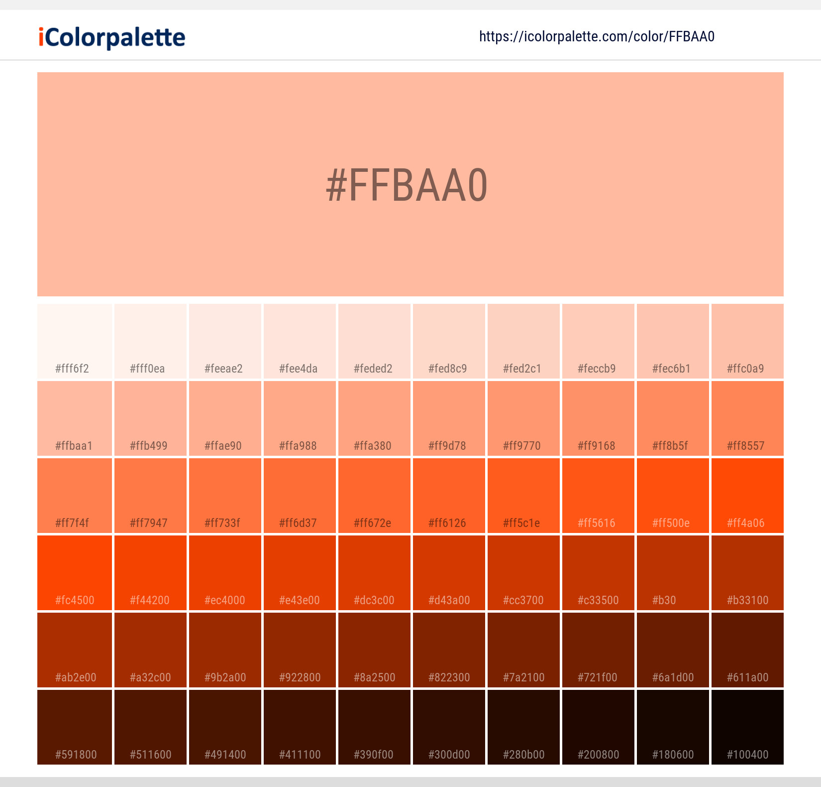 Explore a full range of light and dark shades for Pantone 14-1228 Tpg Peach Nectar Color | Hex color Code #ffbaa0. Perfect for finding the exact tint or tone for your artwork or UI design. #colorshades #colorinspiration #webdesign #ffbaa0