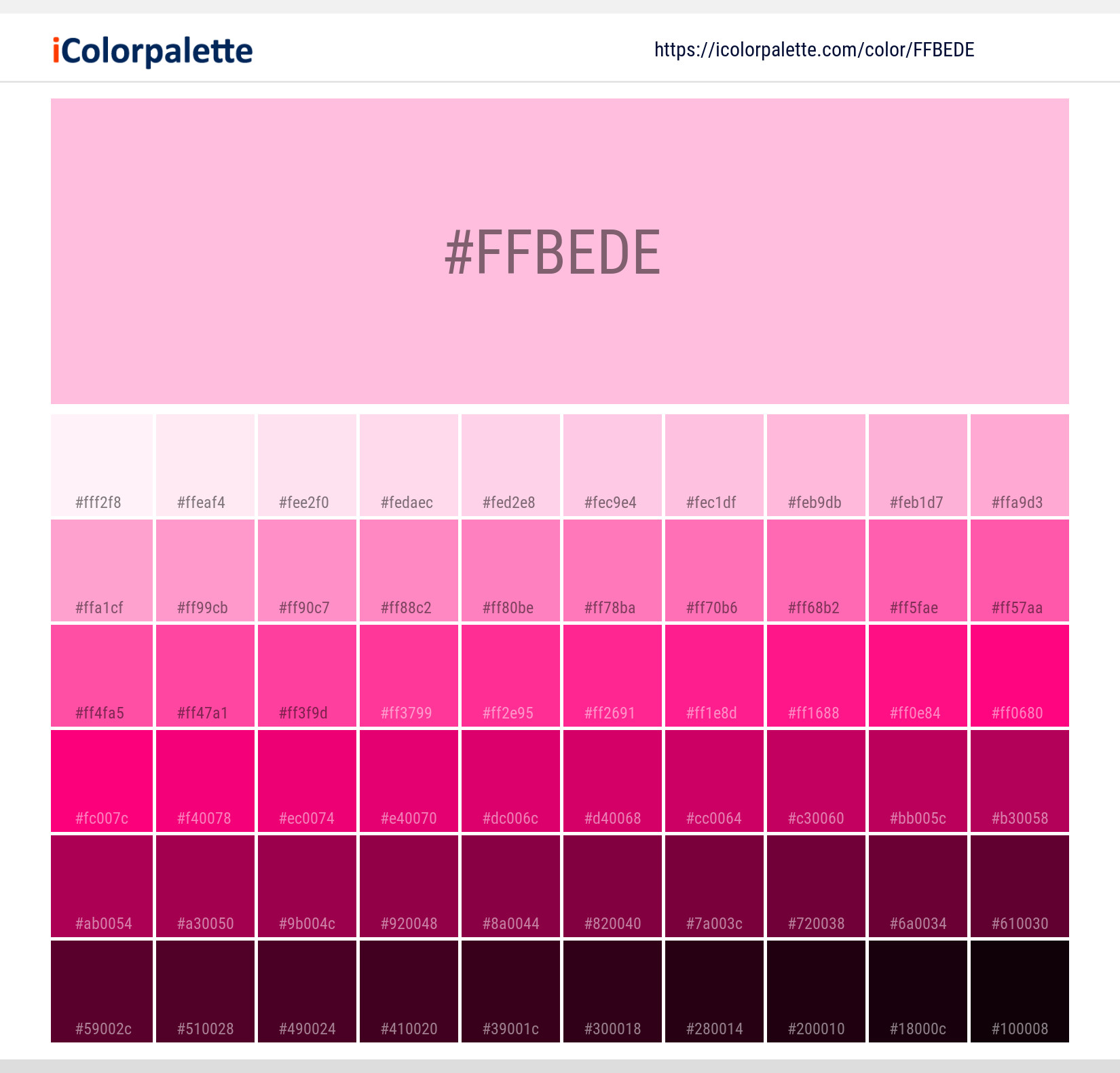 Explore a full range of light and dark shades for Pantone 940 U Color | Hex color Code #ffbede. Perfect for finding the exact tint or tone for your artwork or UI design. #colorshades #colorinspiration #webdesign #ffbede