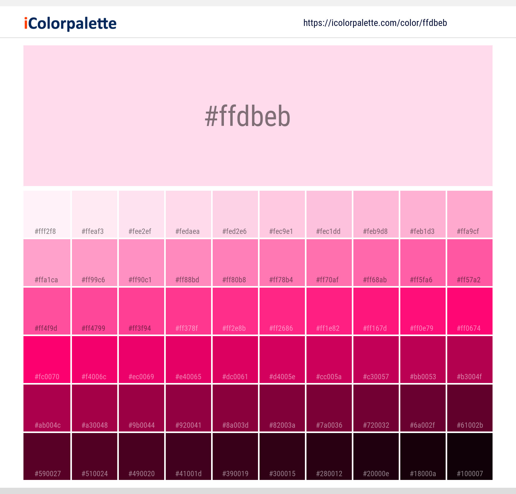 Explore a full range of light and dark shades for  Rose Glow Color | Hex ffdbeb. Perfect for finding the exact tint or tone for your artwork or UI design. #colorshades #colorinspiration #webdesign #ffdbeb