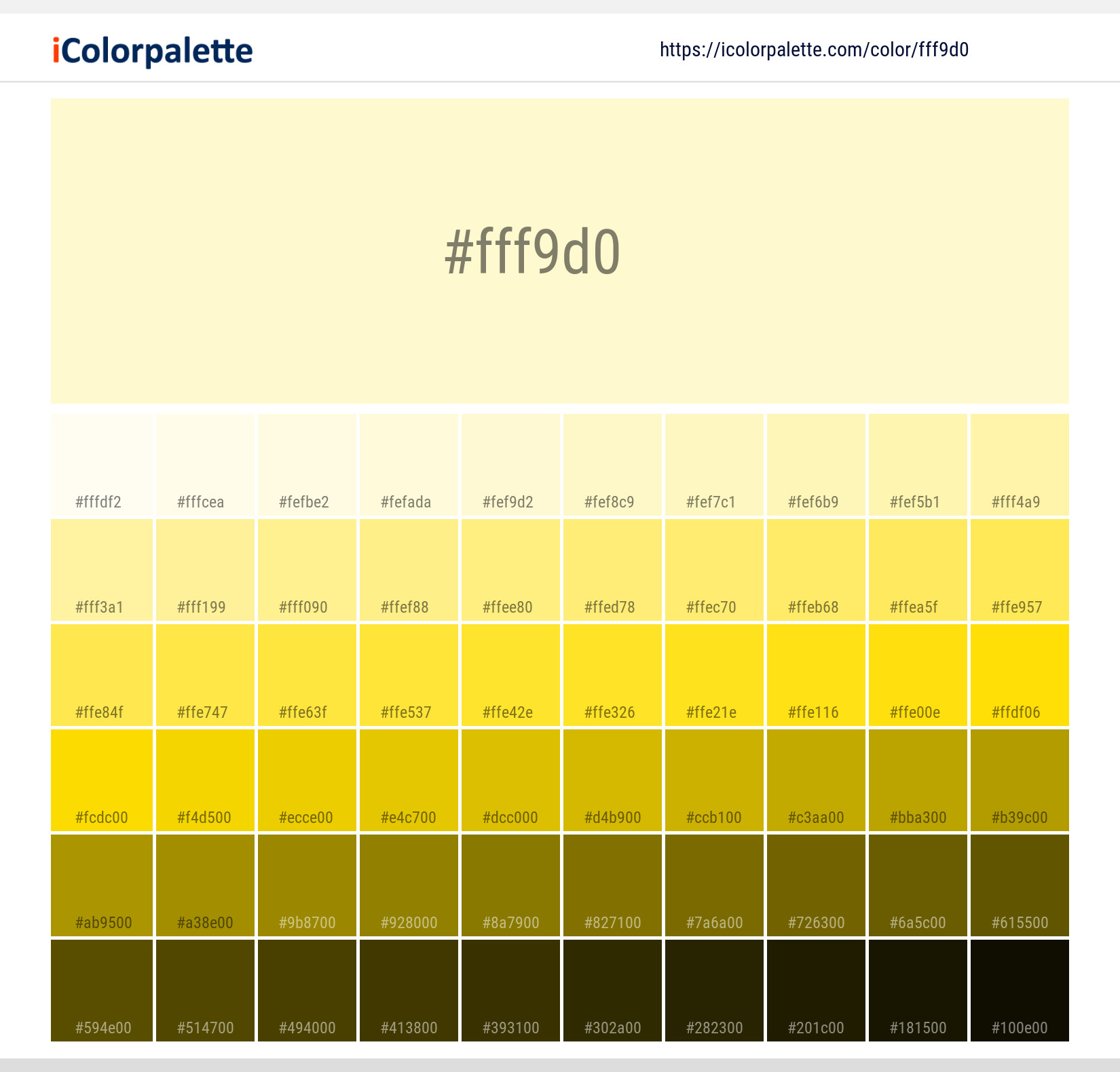 Explore a full range of light and dark shades for  Pale Color | Hex fff9d0. Perfect for finding the exact tint or tone for your artwork or UI design. #colorshades #colorinspiration #webdesign #fff9d0